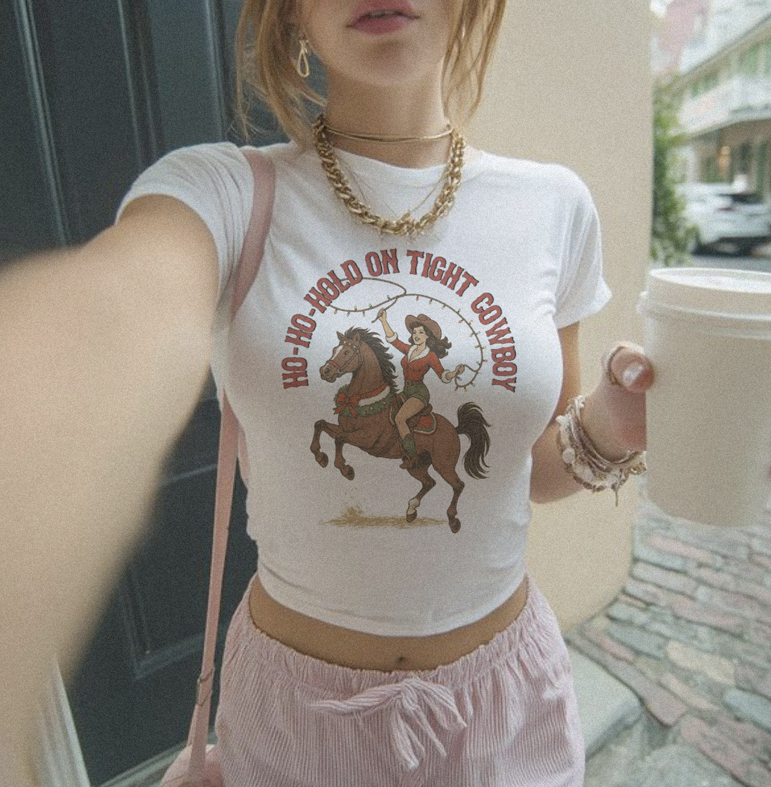 Ho Ho Hold On Tight Christmas Rodeo Cropped Baby T-shirt