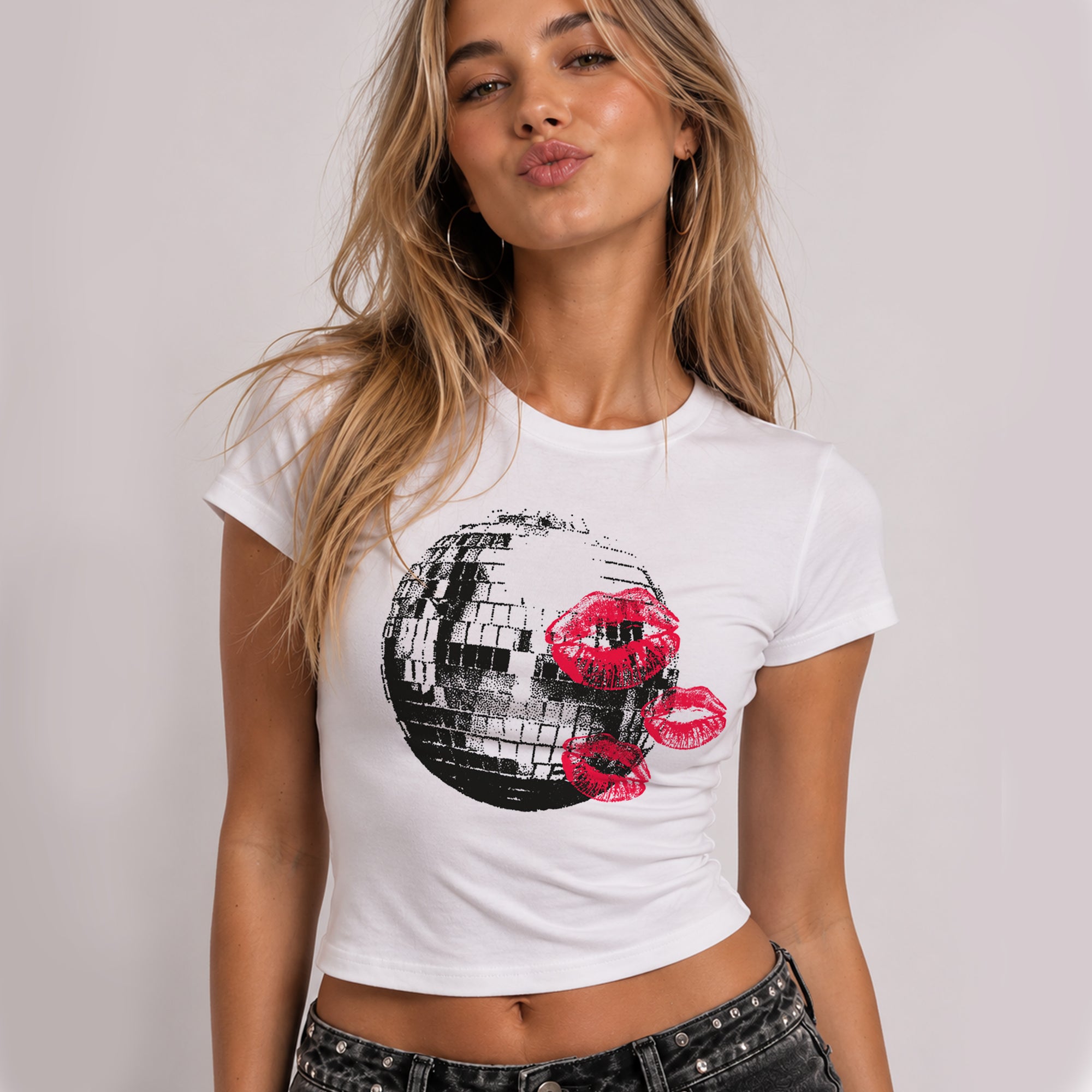 Disco Ball RED lip Kiss Cropped Baby Tee