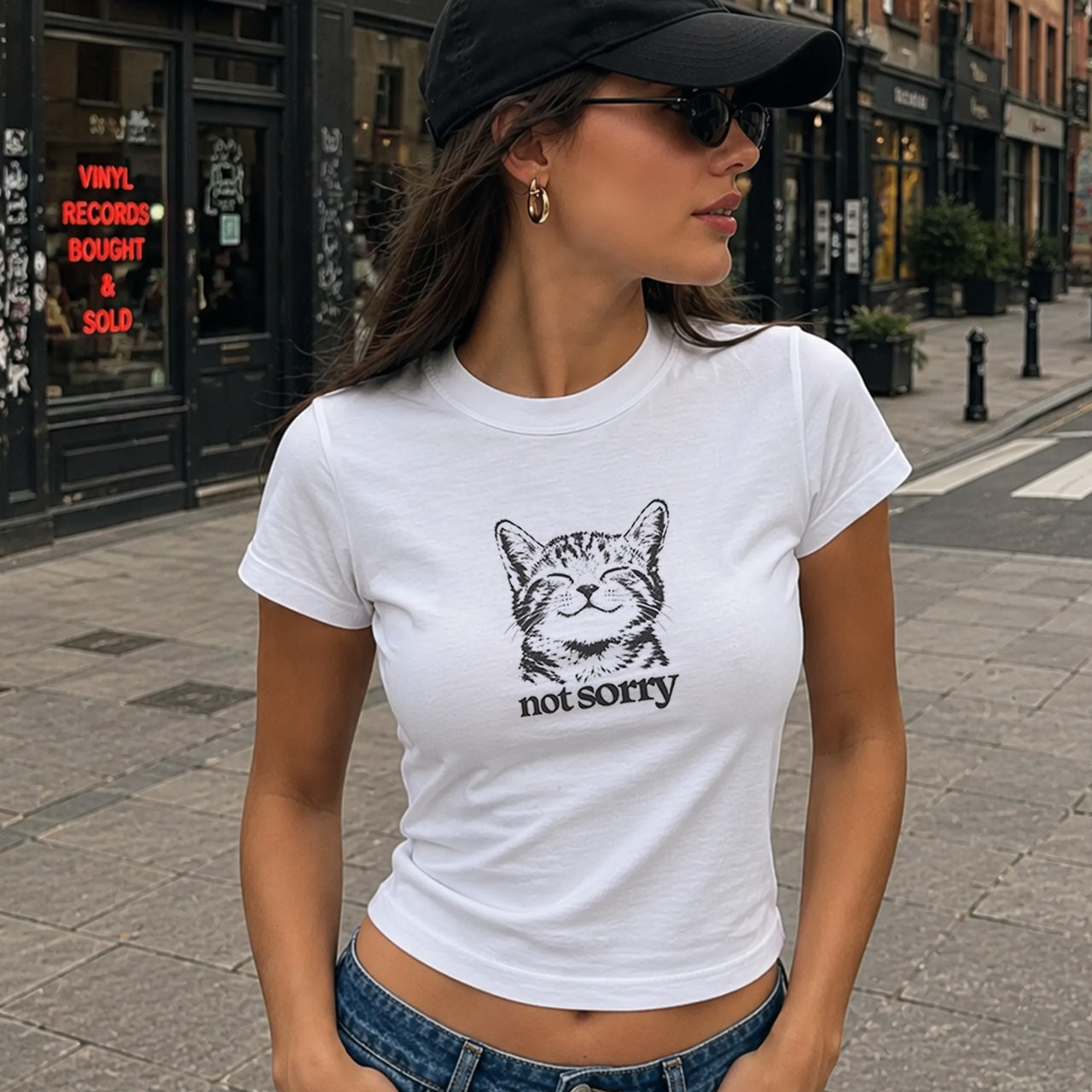 Not Sorry Cat Slogan Cropped Fitted T-shirt