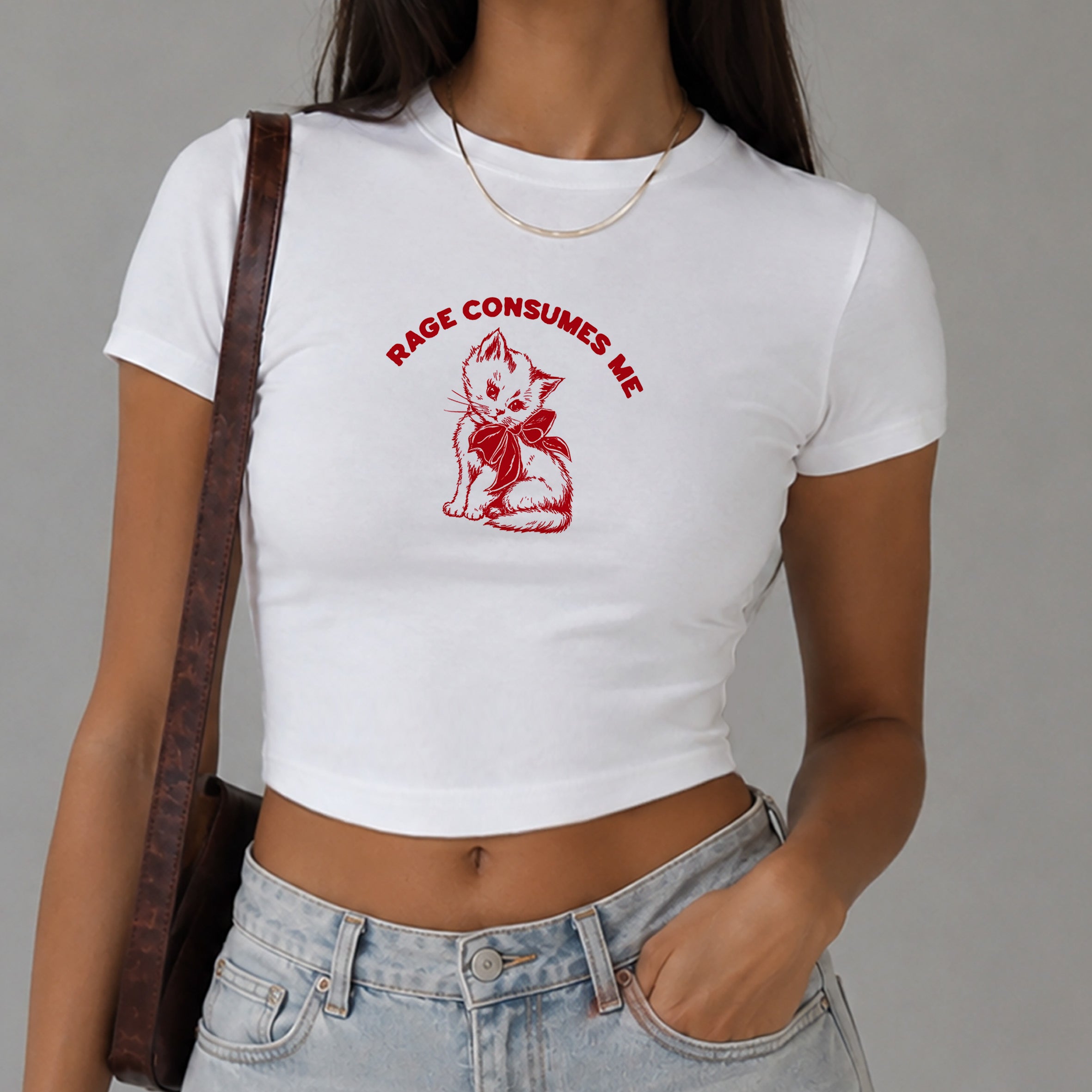 Rage Consumes Me Cat Slogan Cropped Fitted T-shirt