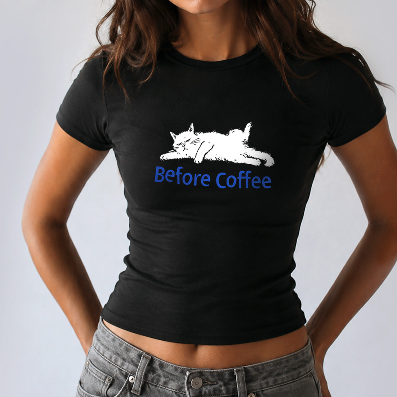 Before Coffee Cat Slogan Cropped Fitted T-shirt