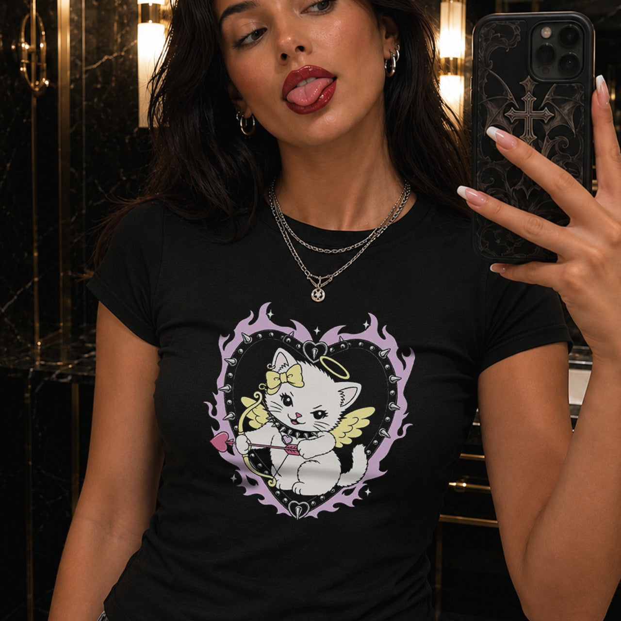 Cat Graphic Cropped Fitted T-shirt