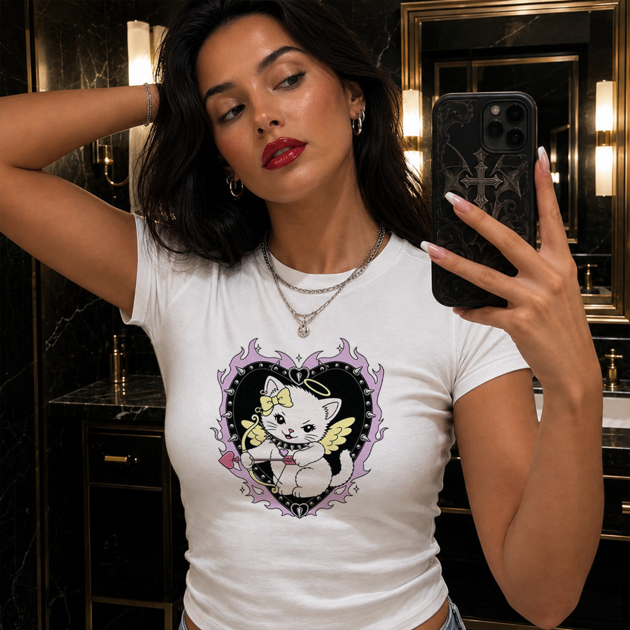 Cat Graphic Cropped Fitted T-shirt