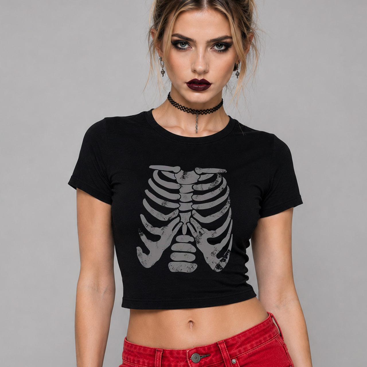 Skeleton Halloween Cropped Fitted T-shirt