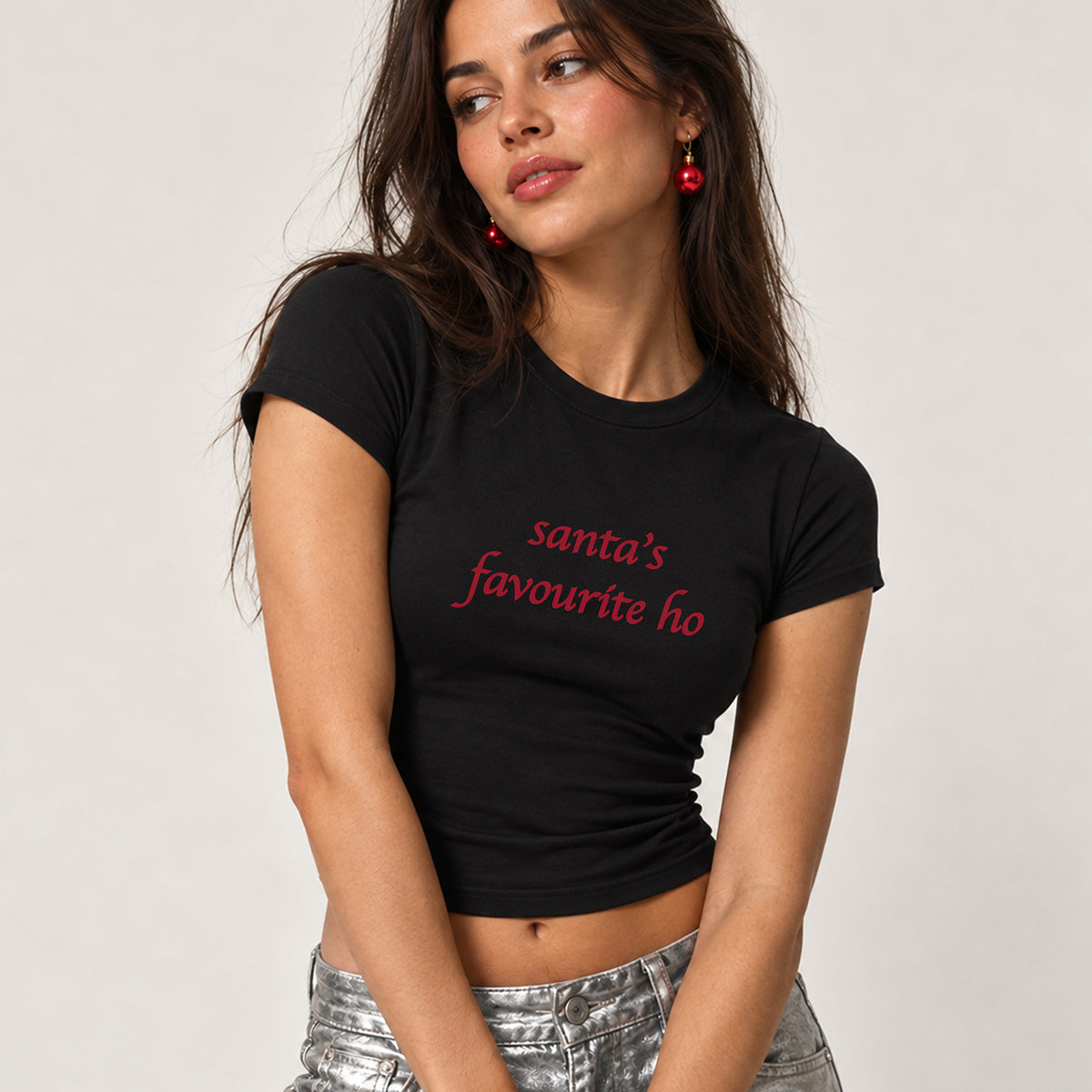 Santa's Favourite Christmas Slogan Cropped Fitted T-shirt